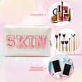 thumbnail image 3 of Y1tvei Preppy Patch SKIN Varsity Letter Cosmetic Toiletry Bag PU Leather Portable Makeup Bag Zipper Pouch Storage Purse Waterproof Organizer Gift for Women Teen Girls Daily Travel Use (Shell Gold), 3 of 4