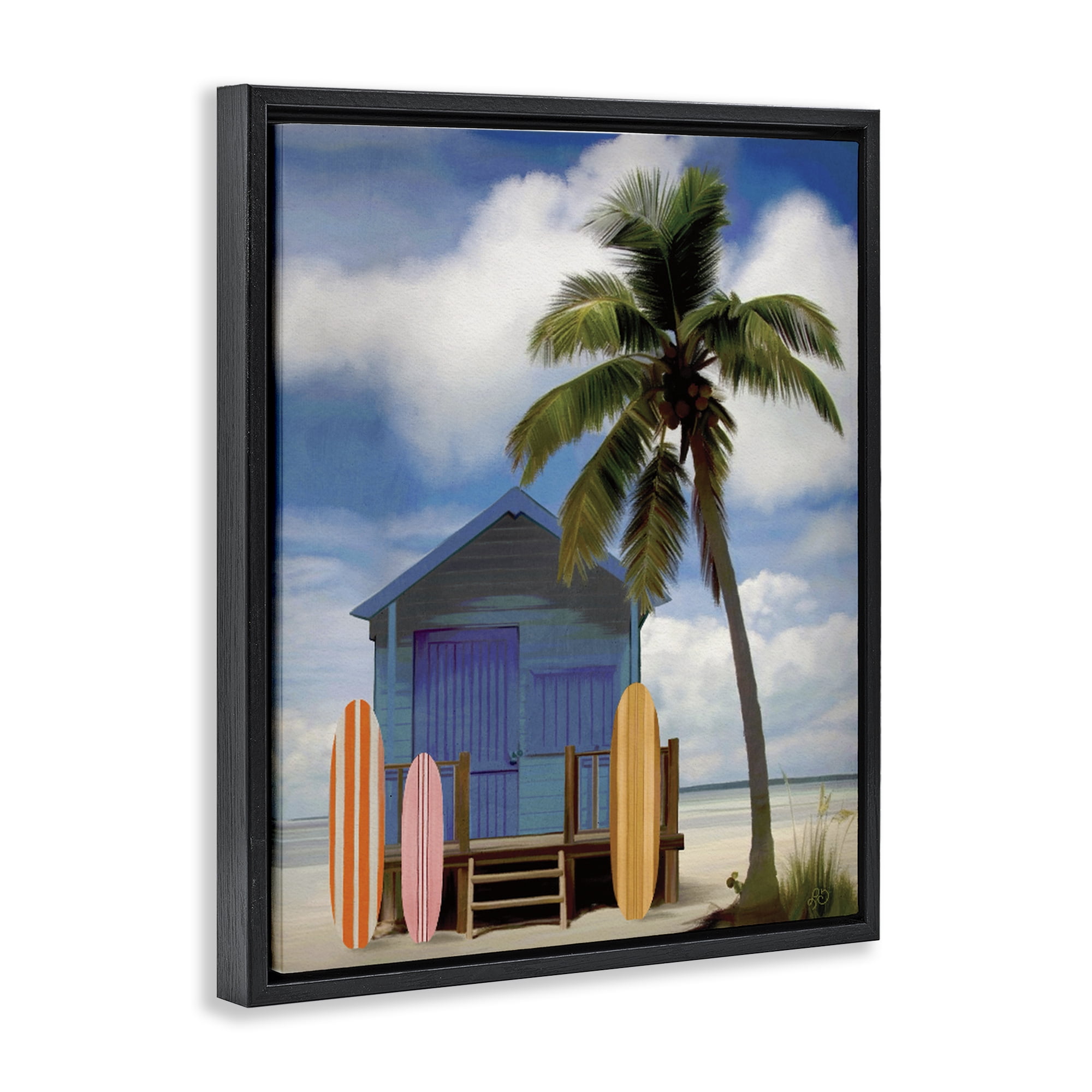 Stupell Industries Palm Overhanging Surf Shop Black Framed Floater Canvas Wall Art, design by Lisa R Dumm