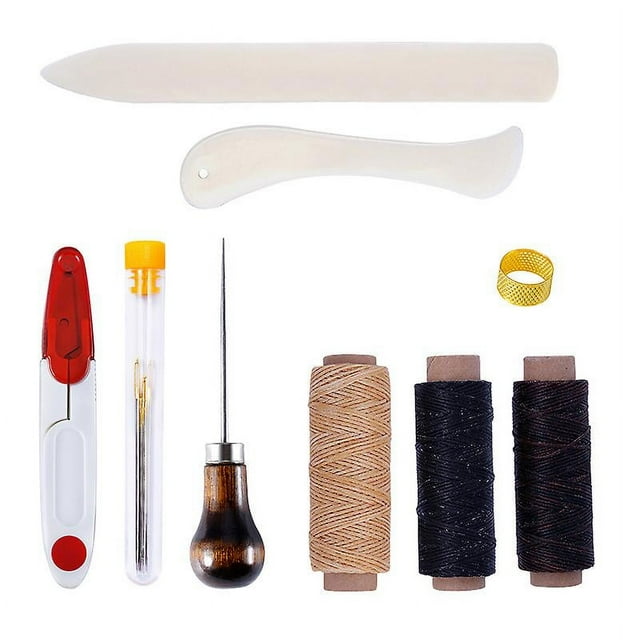 Kit de herramientas de cuero de 9 piezas, reparación artesanal, hilo encerado de cuero, 8 colores con agujas de coser, tijeras, cinta métrica para coser zapatos de cuero, sofá de cuero