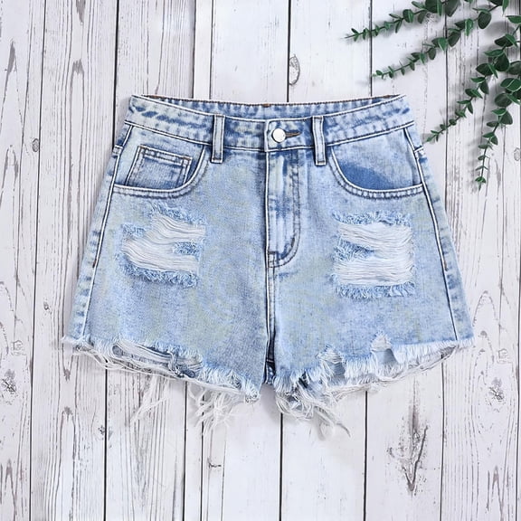 Cethrio Girls Denim Shorts 2026, Elastic Waist Summer Casual Ripped Jean Shorts Light Blue Size 15-16T