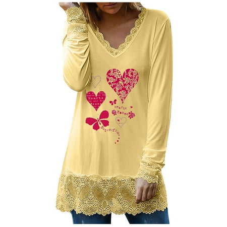 

Hvyesh Women Valentine s Day Casual Sweatshirt Heart/ Angel Baby/ Letter Print Long Sleeve V Neck Loose Pullover Tops Yellow shirts for women XL