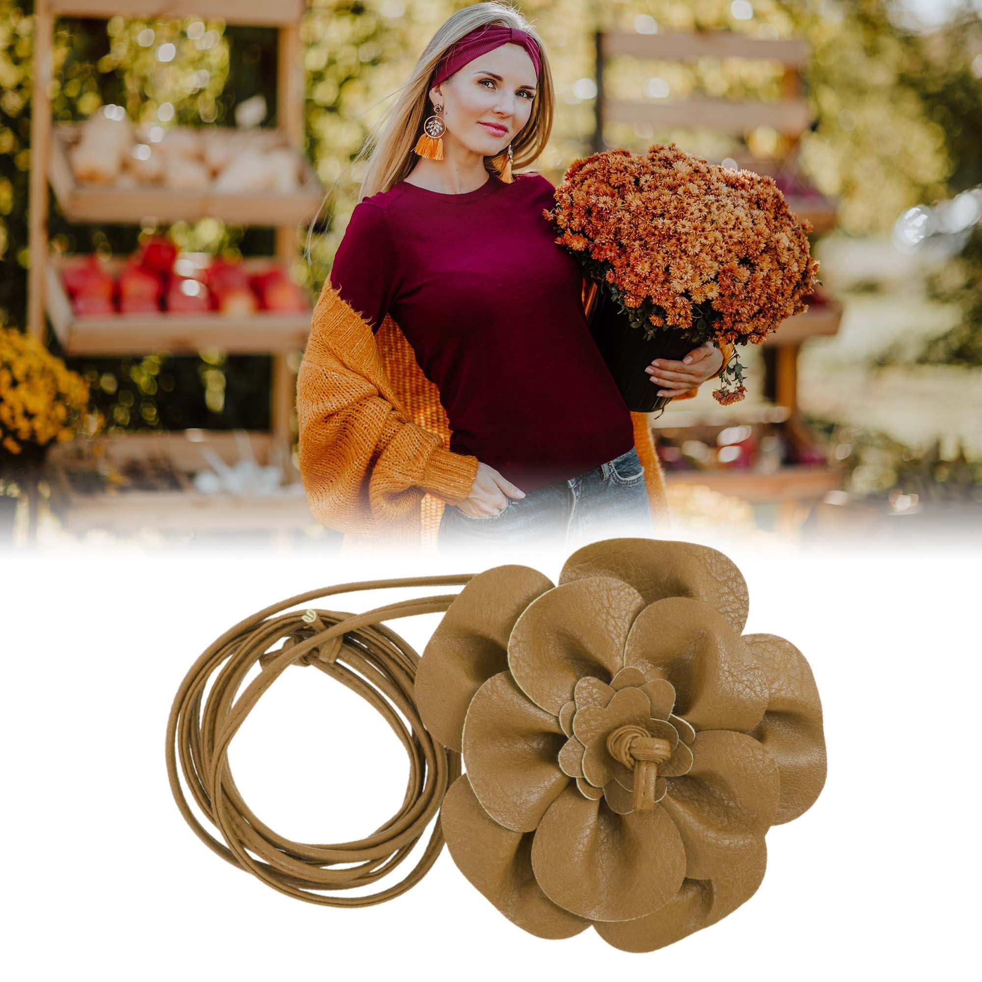 Unique Bargains Flower Adjustable Waist Belt for Fashionable Outfits Light Brown