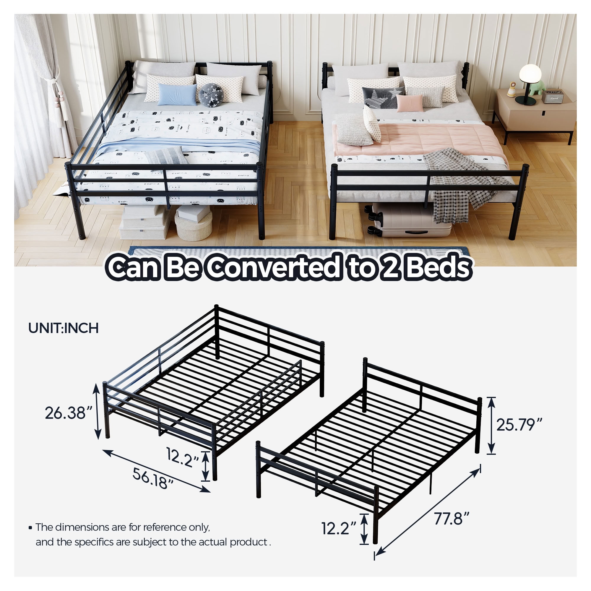 MAYEERTY Full Over Full Metal Bunk Bed for Kids Teens Adults, Heavy Duty 990 lbs Capacity, Separable into Two Full Size Beds, No Box Spring Needed