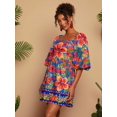thumbnail image 6 of Navy Blue Floral Print Square Neck Puff Sleeve Mini Dress For Women, 6 of 6