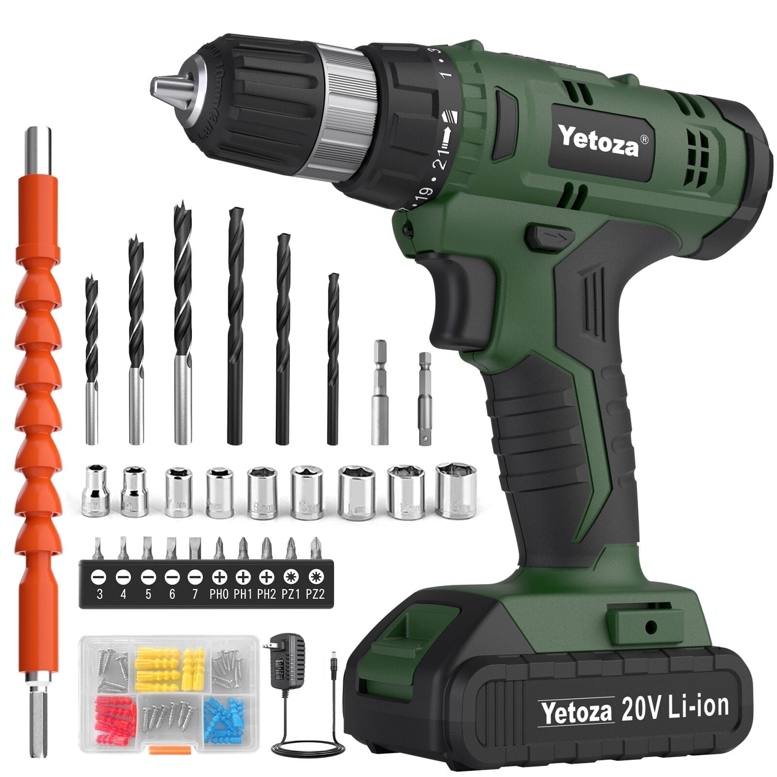 20V Cordless Drill Set with Lithium-Ion Battery and Charger, Electric Power Drill/Driver Kit, 3/8" Keyless Chuck, 22 Torque Settings, Includes 60pcs Drill Bits and Sockets for Home DIY Projects