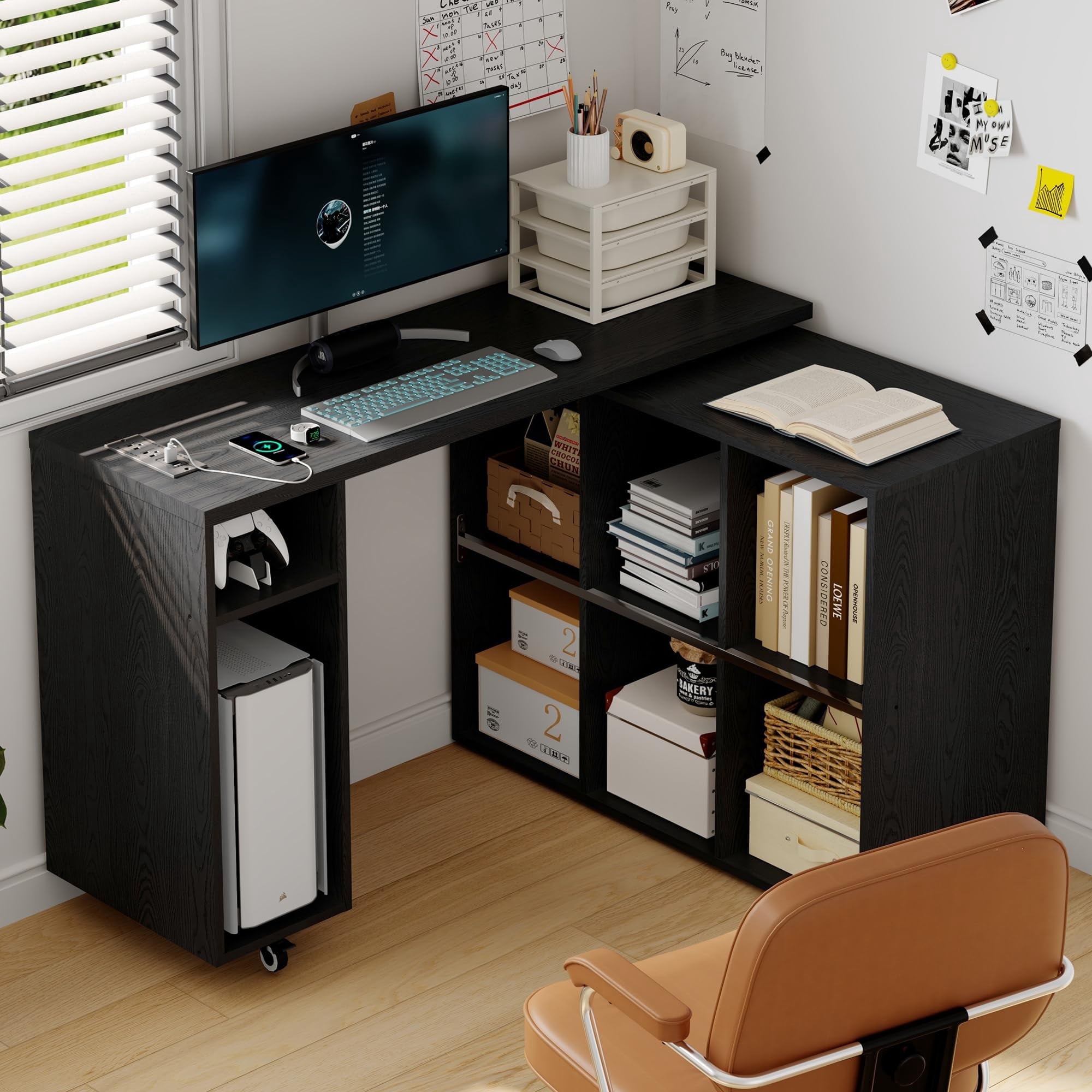BOSHIRO L-Shaped Rotating Desk with Power Outlets, USB Ports & 6 Storage Shelves, 360° Swivel Computer Desk with Bookshelf for Home Office, Bedroom or Study (Black)