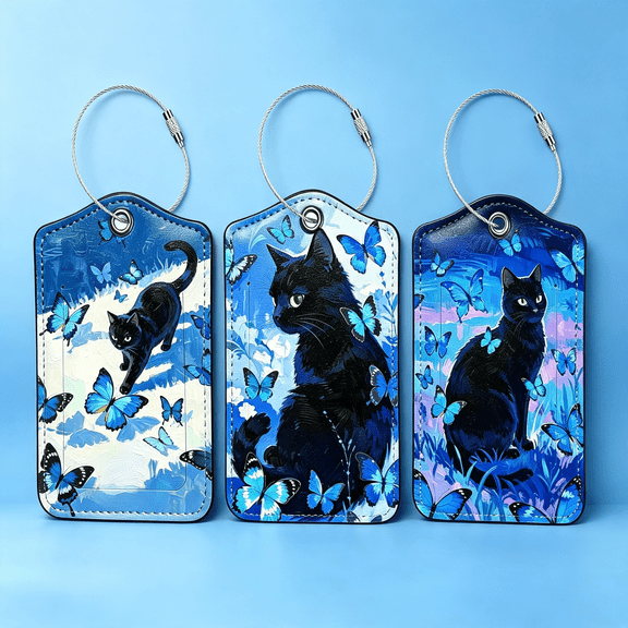GASTROPOD Personalized Luggage Tags for Suitcases-3Pcs Blue Butterfly Cat Pu Leather Luggage Tags,Waterproof Travel Id Tags with Privacy Protection for Cruise,Airport&Ship Blue Butterfly Cat