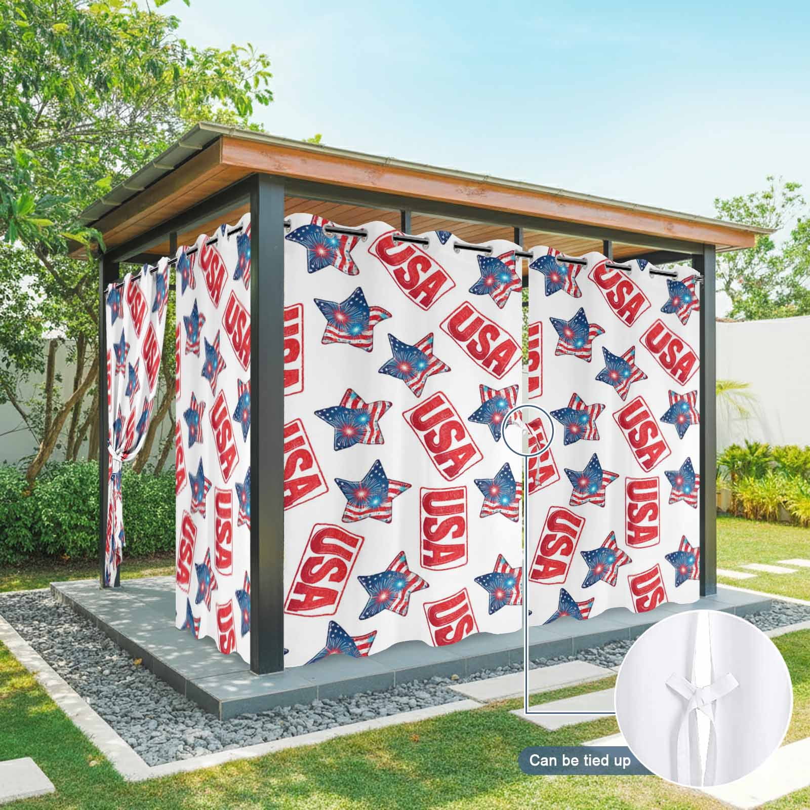 Independence Day Star Outdoor Curtains for Patio, Patriotic USA Flag Red Blue Star Fireworks Sunshade Privacy Drapes Grommet Waterproof Outside Curtains for Porch/Cabana/Balcony 54"x 108", 1 Panel