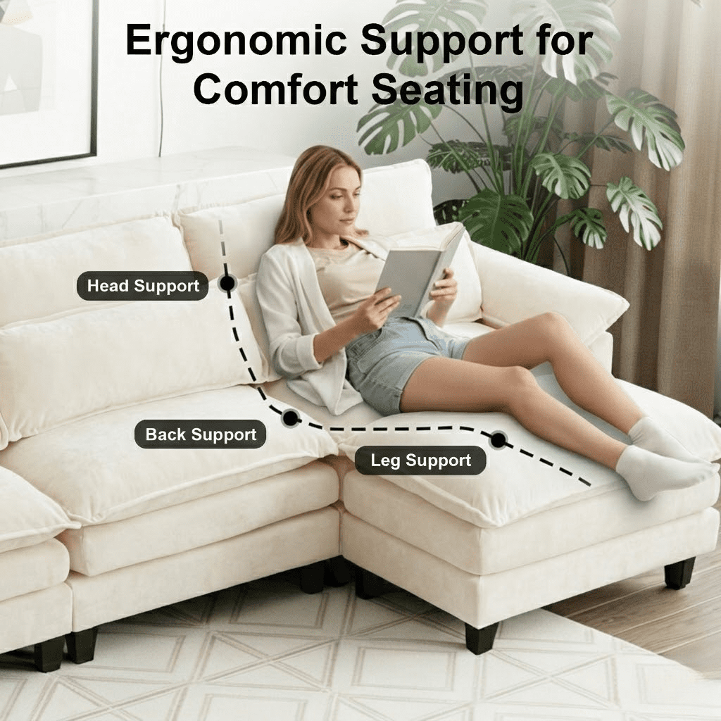 Howcool 148" Modular Sectional Sofa , 4 Seater L-Shaped Cloud Couch with Movable Ottoman, USB Charging Ports & Side Pockets, Sectional couchs for Living Room,Chenille Fabric,Beige