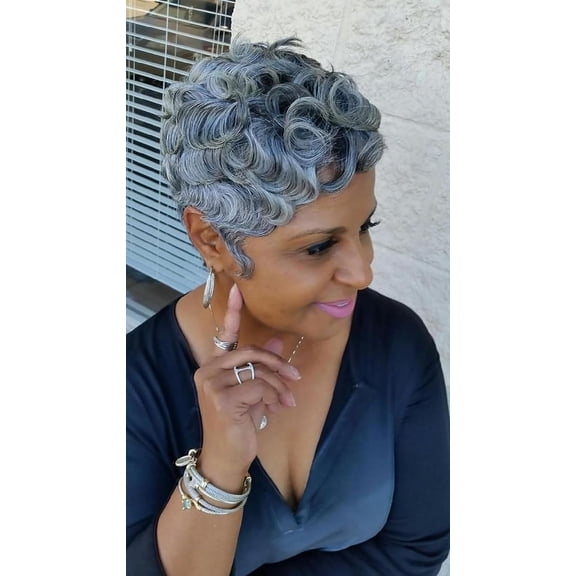 Human Hair Short Wigs, Short Curly Hair Grey Wig Layered with Bangs Hairstyle Wigs,Gray Wigs for Women (Grey)