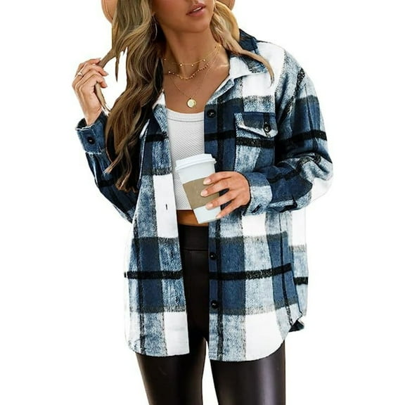 Women's autumn fashion clothing short sleeved flannel plaid button down long sleeved shirt jacket 2024