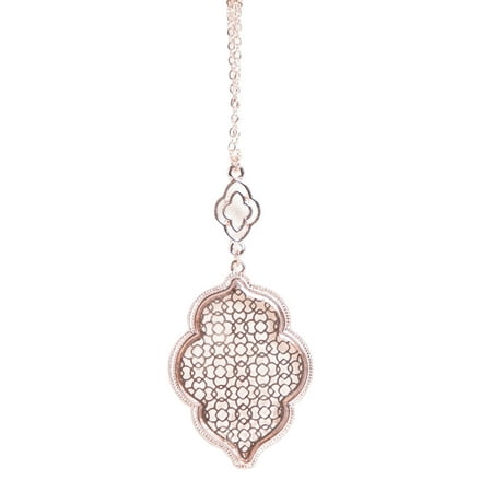 Beads Long Chain - StylesILove Womens Trendy Two-Tone Cut Off Filigree Quatrefoil Long Chain Pendant Necklace (Rose Gold/Necklace)