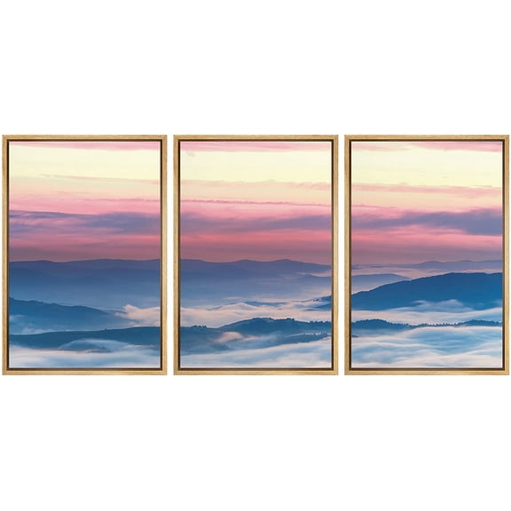 IDEA4WALL Framed Canvas Wall Art Yellow Red Sunrise with Blue Foggy Mountains Landscape Wilderness Photography Minimalism Modern Scenic Colorful for Living Room, Bedroom, Office