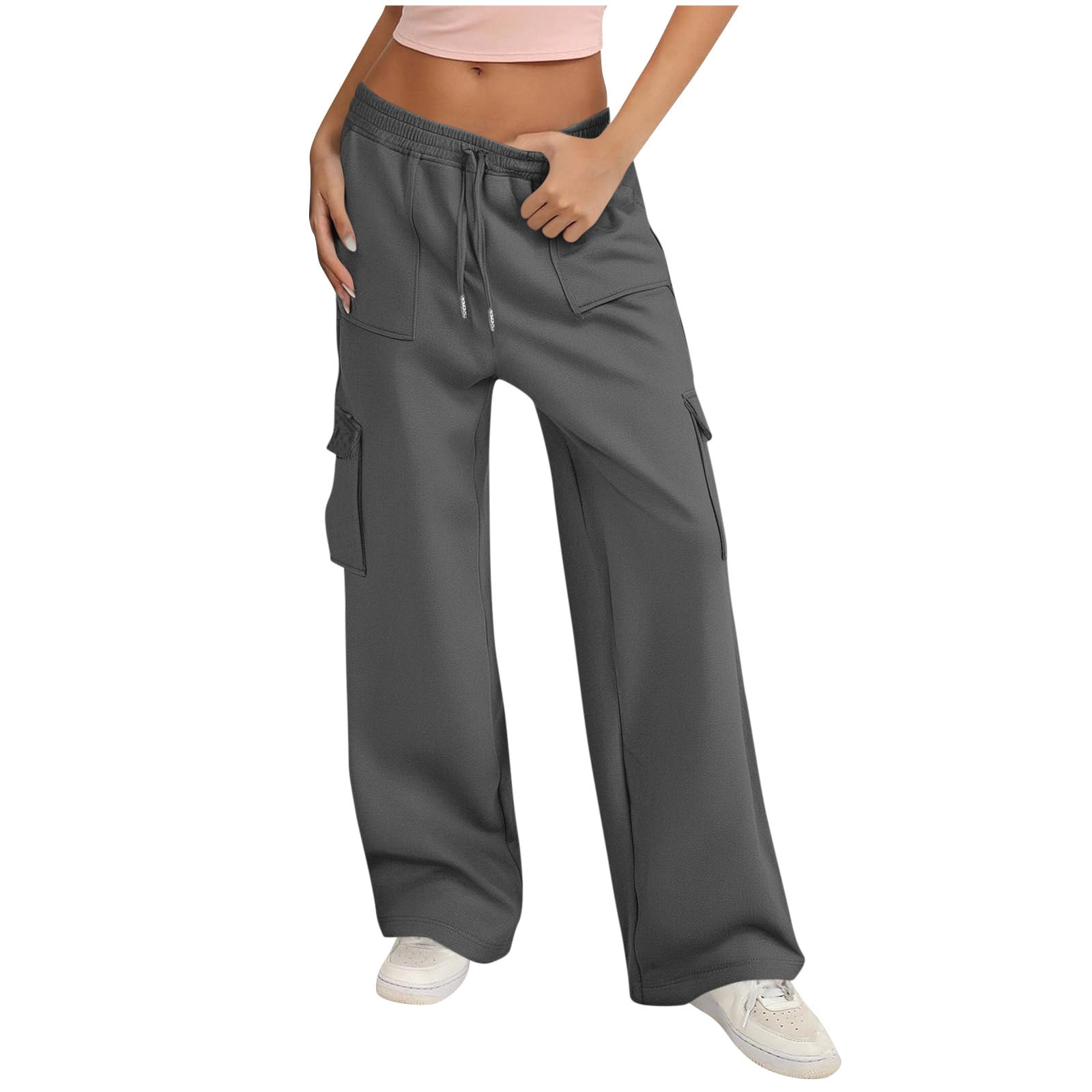 Tumotour Sweatpants for Women Loose High Waist Drawstring Wide Leg Pants with Pockets Stretch Fashion Comfy Solid Color Workout Cargo Pants Lounge Pants Joggers Pants