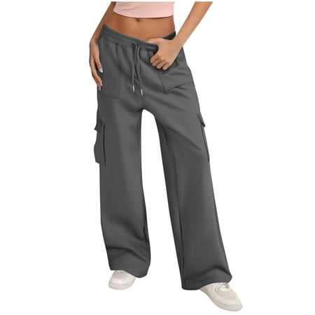Tumotour Sweatpants for Women Loose High Waist Drawstring Wide Leg Pants with Pockets Stretch Fashion Comfy Solid Color Workout Cargo Pants Lounge Pants Joggers Pants