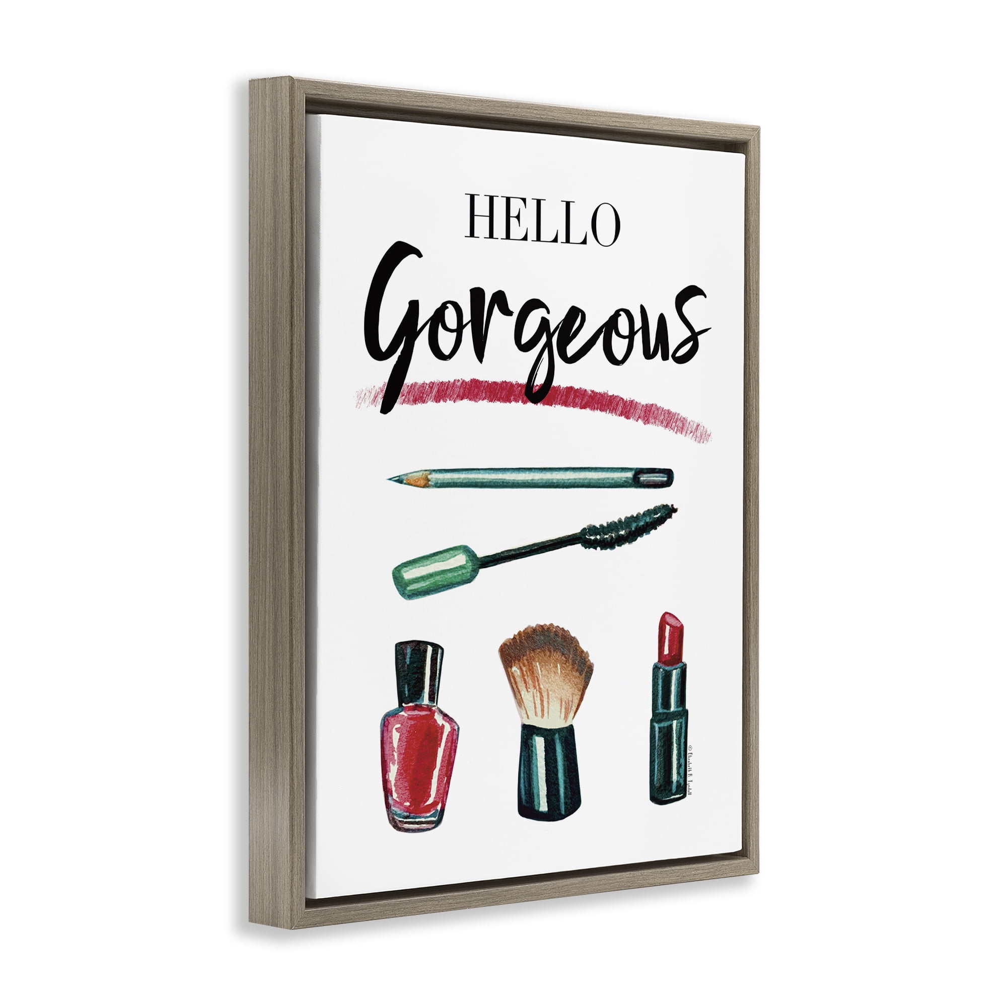 Stupell Industries Hello Gorgeous with Makeup Beauty & Fashion Painting Brown Floater Framed Art Print Wall Art, 17 x 21
