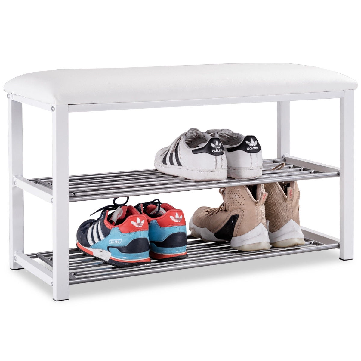 Costway 2 Tier Shoe Rack Metal Bench Cushioned Soft Seat Stool Organizer Entryway Walmart Com Walmart Com