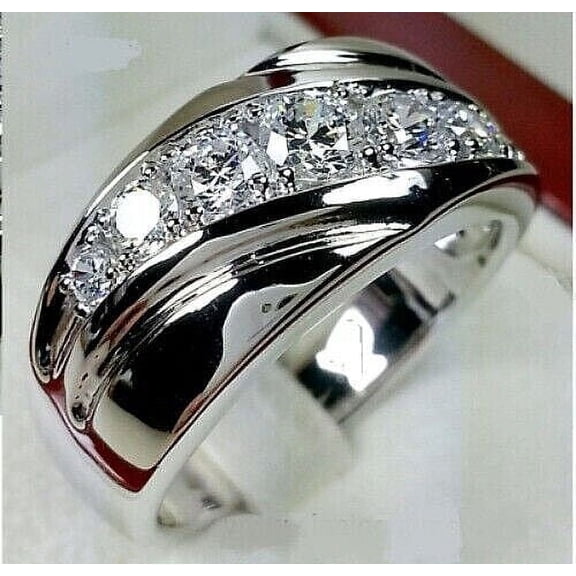 Men's Ring 1.00Ct Round Cut Lab Created Diamond Band Ring 14k Solid White Gold