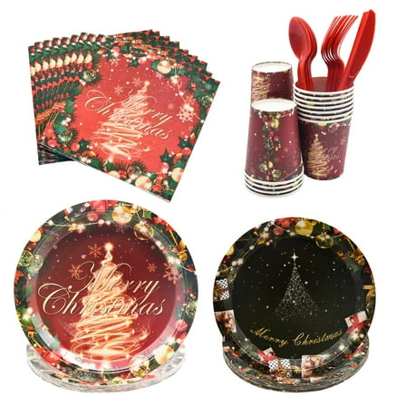 140 Pcs Christmas Dinnerware Set Disposable AFN1Christmas Tree Party Plates and Napkins Set for Serve 20 Guests Includes Dinner Plate Salad Plate Napkin Cup Knife Fork Spoon for Christmas Party