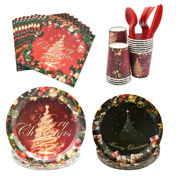 140 Pcs Christmas Dinnerware Set Disposable AFN1Christmas Tree Party Plates and Napkins Set for Serve 20 Guests Includes Dinner Plate Salad Plate Napkin Cup Knife Fork Spoon for Christmas Party