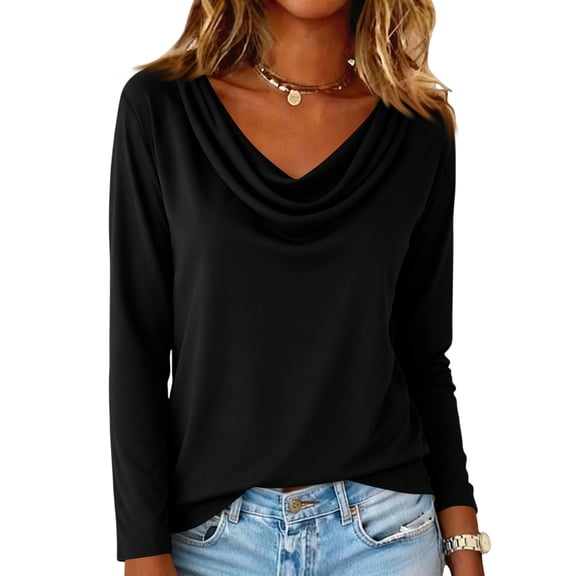 WULMLEO Women's Cowl Neck Ruched Tops Draped Front Long Sleeve Casual Loose Fit Solid Basic Shirts Fall Tunic Blouse Black 2XL