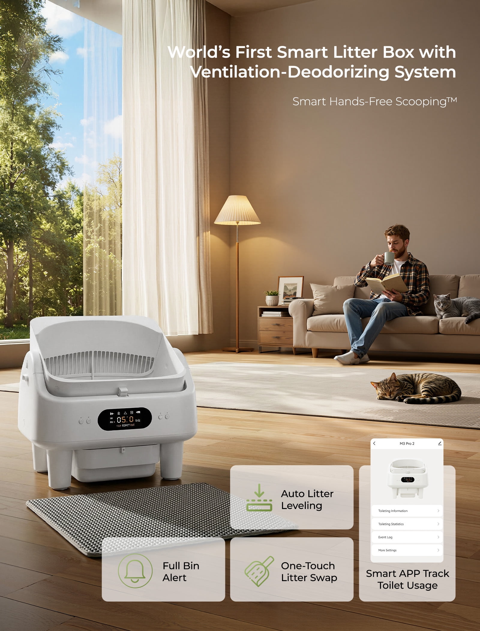 Self Cleaning Cat Litter Box, Cypcat Smart Automatic Litter Box Anti-Pinch, 10 Safety Sensors, 72L Large Cat Litter Boxs for Multiple Cats, 5G & 2.4G WiFi, 6" LED Display, Odor Control Robot, White