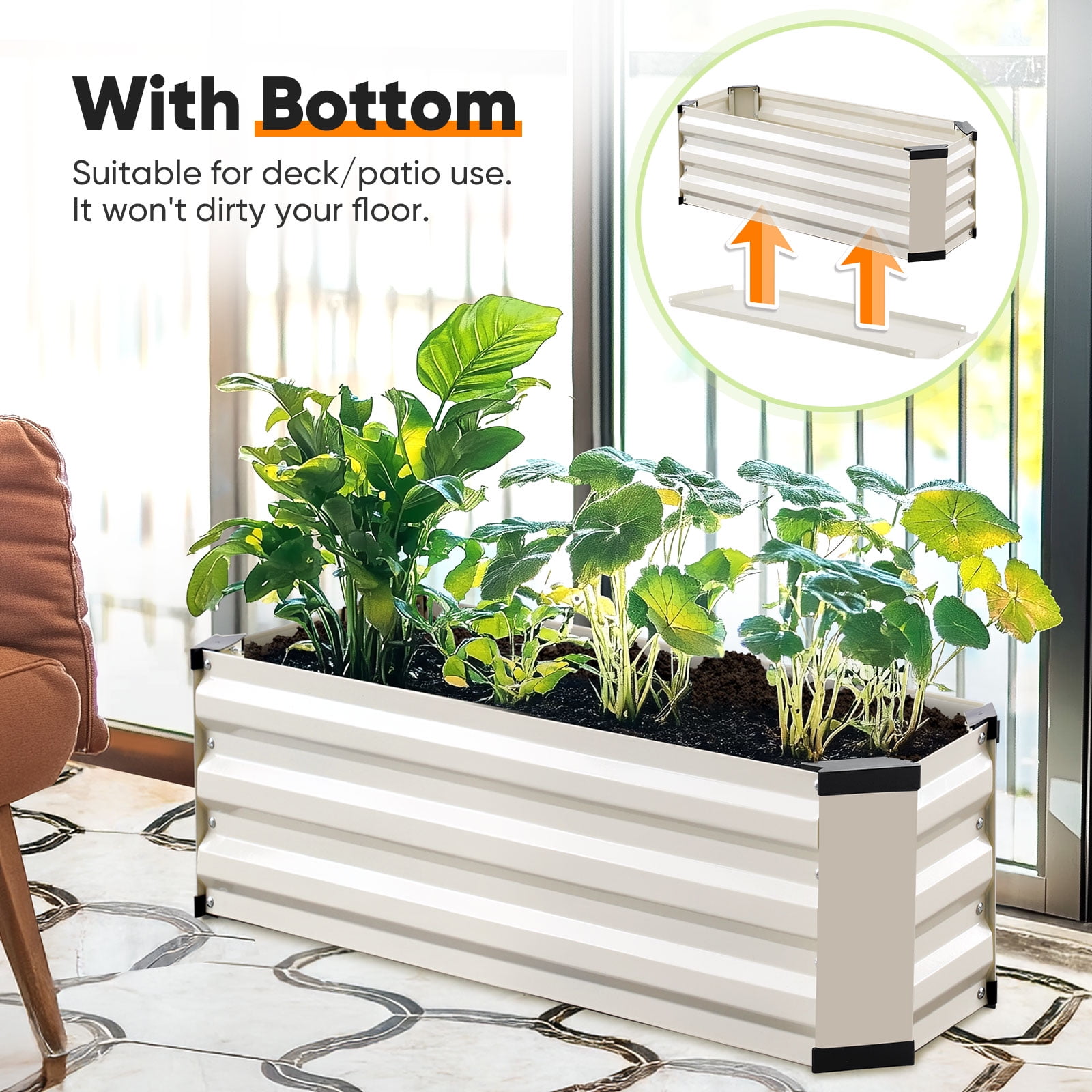 King Bird 3x1x1 ft Galvanized Metal Raised Garden Bed with Bottom Closed - Elevated Planter Box for Indoor, Outdoor, Patio & Balcony Gardening Beige