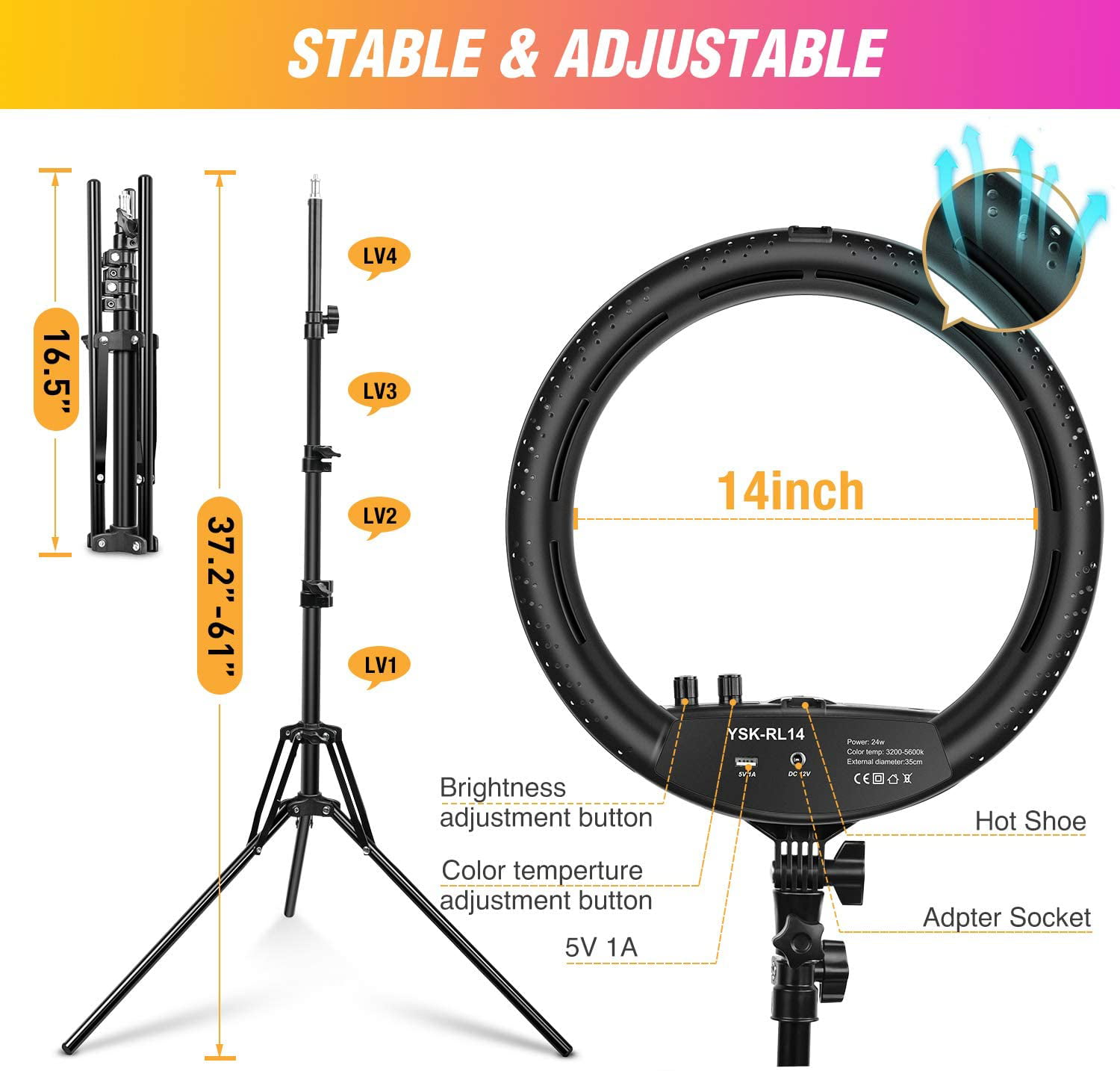 Yizhestudio 14 inch Dimmable Ring Lamp 35cm Photographic Lighting with  bluetooth control with Stand for Youtube Camera Photo
