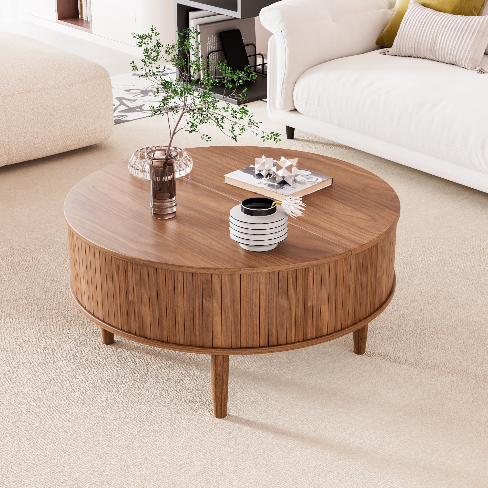 Round Lift Top Coffee Table with Storage, Center Table with Hidden Compartment, Circle Coffee Table for Living Room, Walnut
