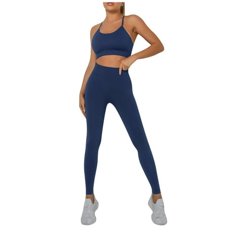 

ZXHACSJ Solid Color Yoga Set Tight Leggings Sports Fitness Cross Gym Bra Top 2pcs Soft Sport Suit Workout Training For Women Sportwear Navy M