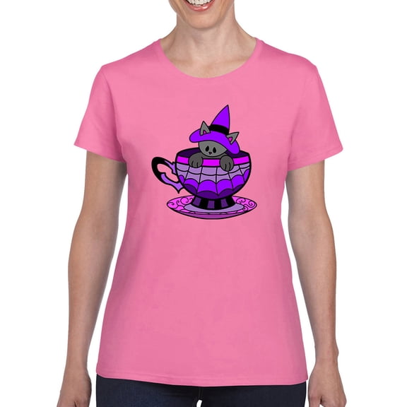 Witch Cat In A Cup T-Shirt Women -Rose Khan Designs, Female Large