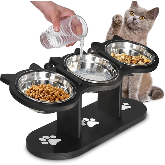 Jioakfa Raised Cat Food Bowls For Indoor Cats, Elevated Cat Bowls,Adjustable Heights Pet Bowl With Black Shelf,3 Stainless Steel Elevated Cat Bowls Stand With 15°Tilted,Cat Food And Water Bowl Set
