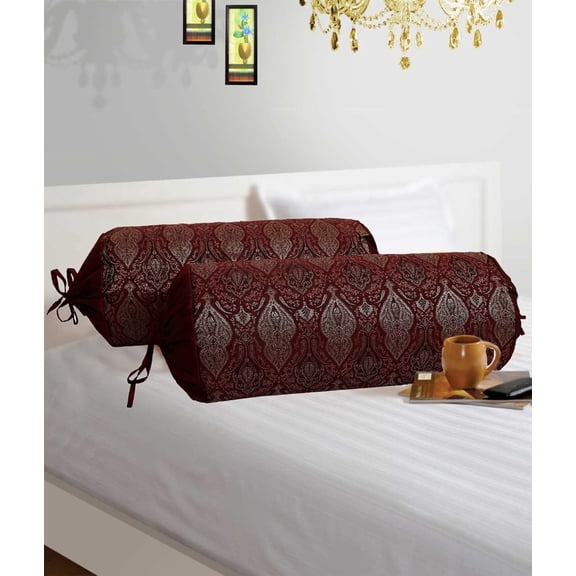 Stylo Culture Ethnic Polydupion Cylindrical Tube Pillow Bolster Pillow Covers Maroon Brocade Jacquard Damask Large Couch Round Cylinder Cushion Covers (Set of 2) | 30x15 Inches (76x38 cm)