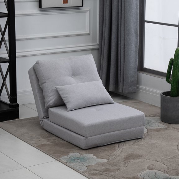 HOMCOM Convertible Flip Chair, Floor Lazy Sofa, Folding Couch Bed with Adjustable Backrest, Metal Frame and Pillows, Living Room Bedroom, Light Gray