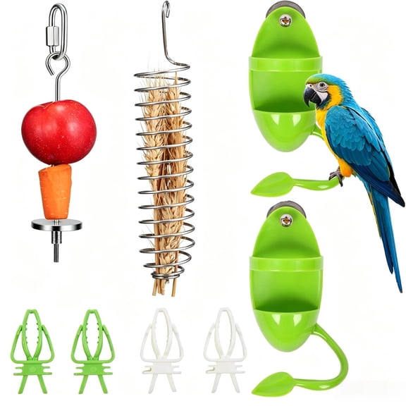 Bird Foraging Toys Set w/ Fruit Skewer, Spring & Green Feeders & Clips for Parrot Cage