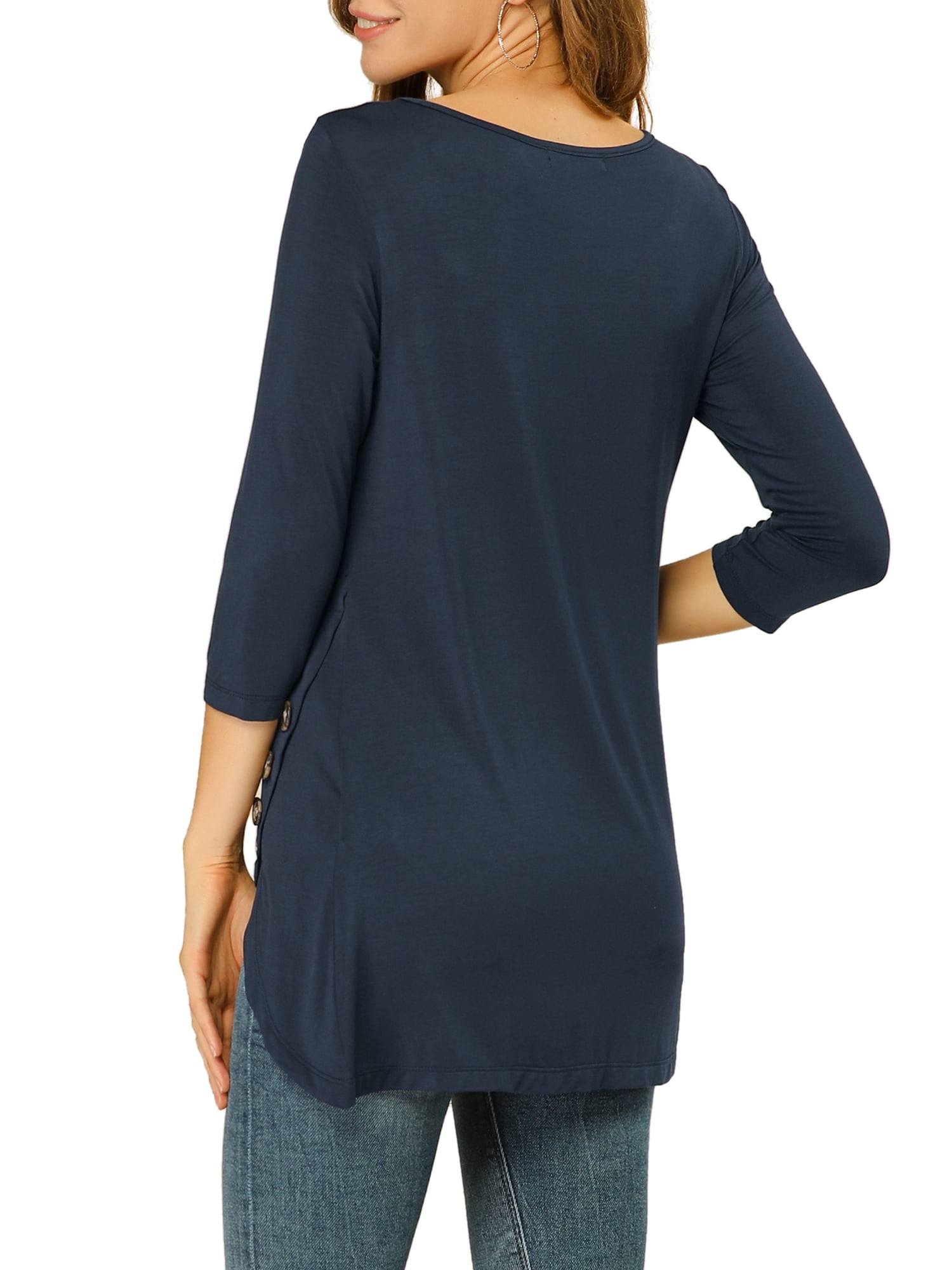 DARING DIVA Women's Casual Stretchy Tunic Asymmetric Hem Top L Dark Blue