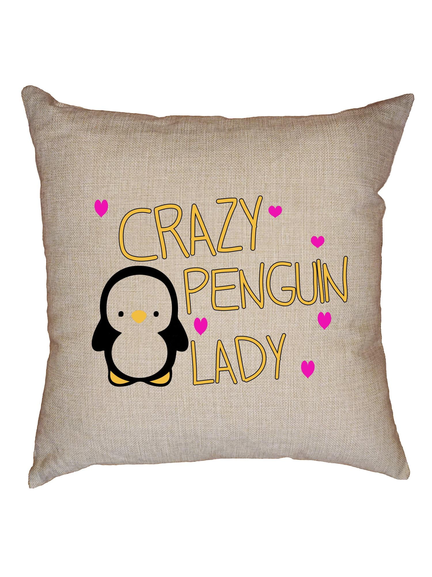 Crazy Penguin Lady Pink Hearts Cute Penguin Decorative Linen Throw
