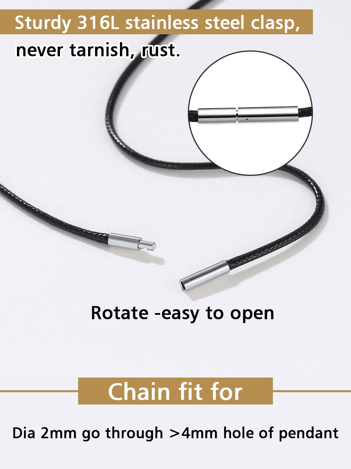 FindChic Men Waterproof Black Leather Cord Necklaces, Stainless Steel Chain Necklace 2mm Width 16-30 inch Waxed Rope Chain to Match Pendant for Dad Son, with Gift Box
