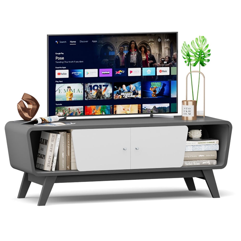 Finihen TV Stand, TV Cabinet, Sliding Door TV Stand with Adjustable Shelf for TVs up to 55 Inch, for Living Room, Bedroom, Gray