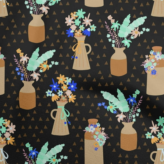 oneOone Polyester Spandex Black Fabric Floral Vase With Geometrical Craft Projects Decor Fabric Printed By The Yard 56 Inch Wide