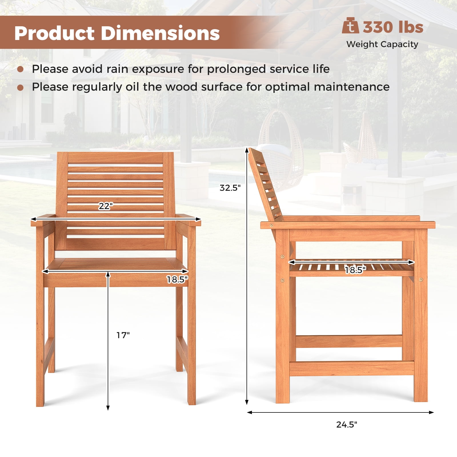 Gymax Patio Chairs Set of 2 Outdoor Wooden Dining Chairs w/ Inclined Backrests