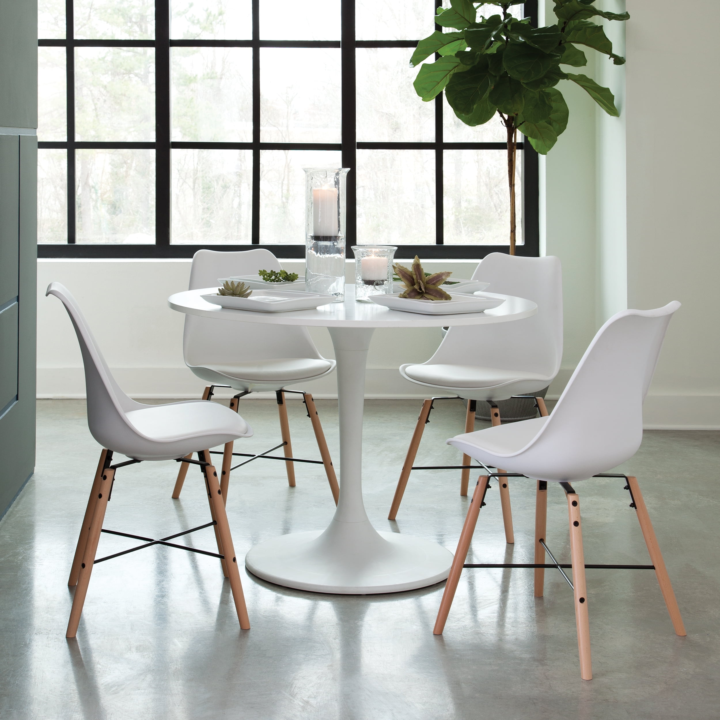 Ofm Mid Century Modern 4 Plastic Molded Dining Chairs Vinyl Cushion Wood Legs Walmart Com Walmart Com