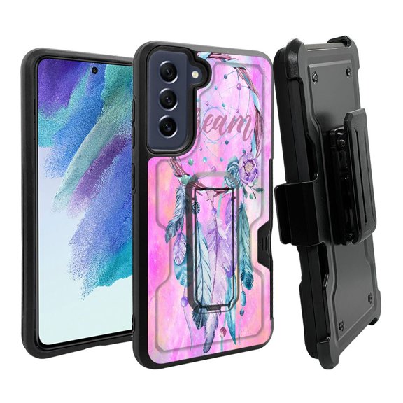 ANJ  Rugged Dual Layer Shockproof Holster Case w/Card Slot, Kickstand   Tempered Glass for Samsung Galaxy S21 FE 5G - Pink Dreamcatcher