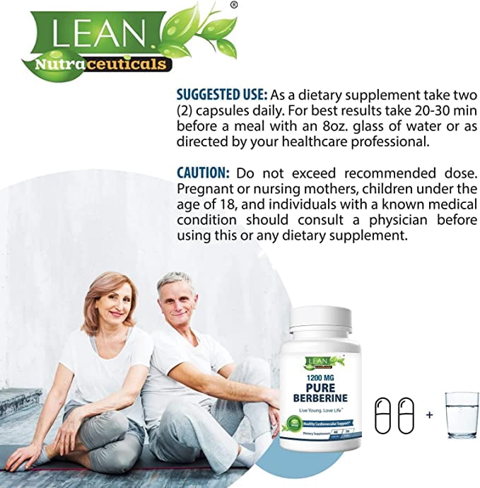 LEAN Nutraceuticals Berberine 1200mg - Blood Sugar, Cholesterol, Cardiovascular Health, Metabolism, 60 Capsules