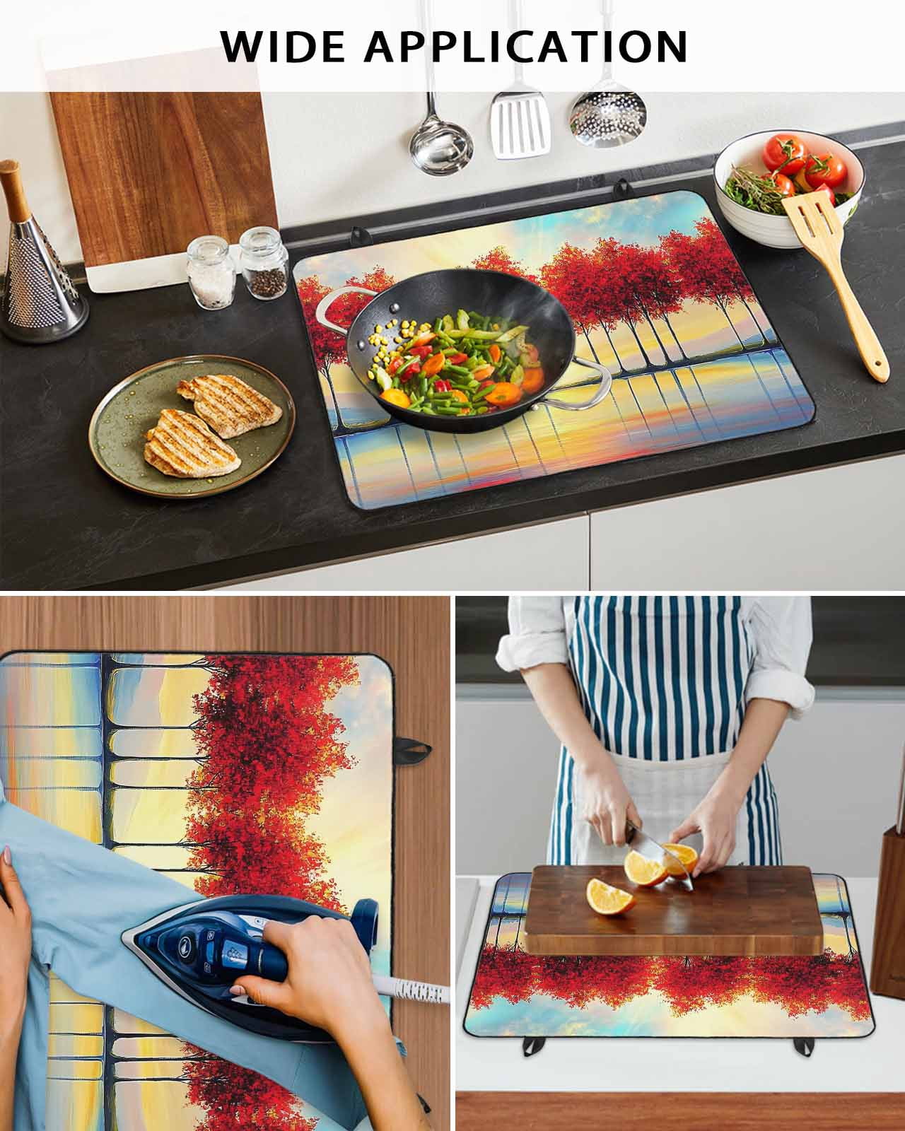 nqOlkjepod Large Induction Cooktop Protector Mat 24"x21", Red Trees Stove Top Covers for Electric Stove, Orange Blue Sunrise Reflection Retro Art Stove Burner Cover Mats, Glass Top Stove Cover