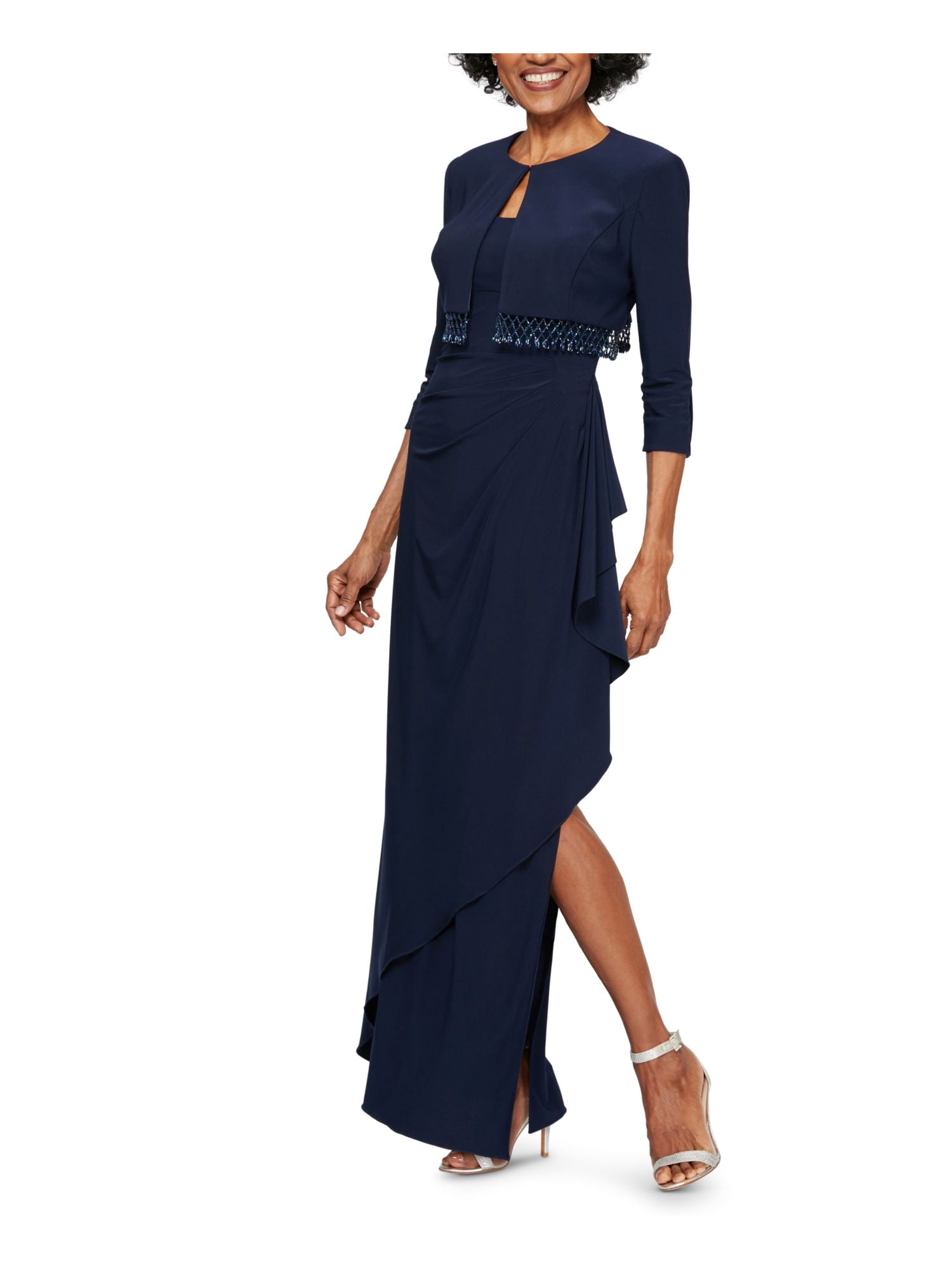 Alex Evenings ALEX EVENINGS Womens Navy Fringed Rhinestone 3/4 Sleeve