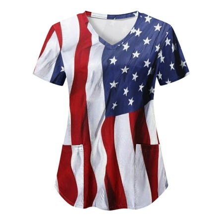 

Women Scrub Tops Casual V-Neck Short Sleeve Holiday Classic Working Uniform Nurses Clothing Top Independence Day Printed Pocket Workwear T Shirt Ladies Streetwear