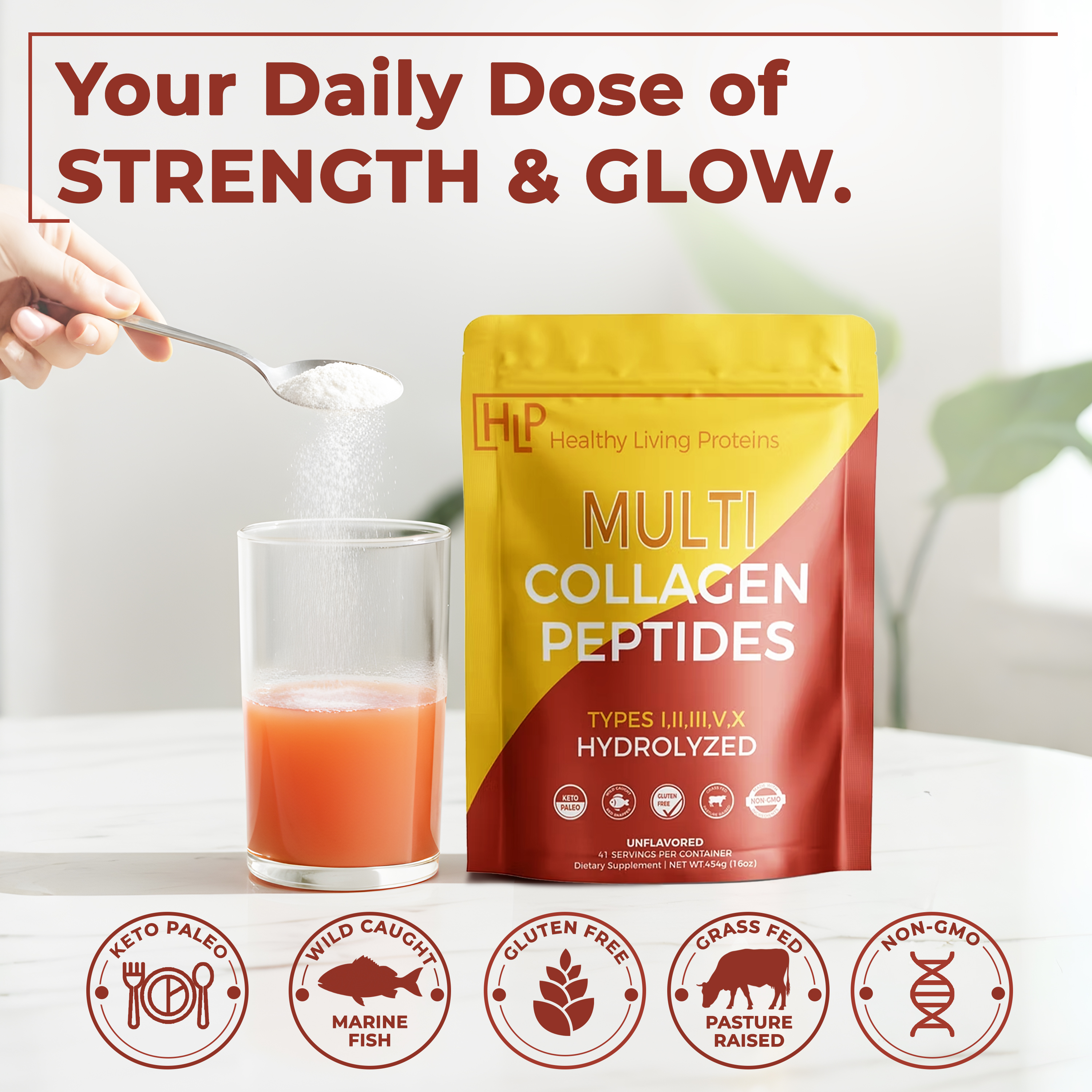Healthy Living Proteins Hydrolyzed Multi Collagen Peptides Powder with Probiotics, Grass-Fed Unflavored Collagen Protein (Types I, II, III, V, X), Supports Skin, Hair, Nails & Joints, 41 Servings