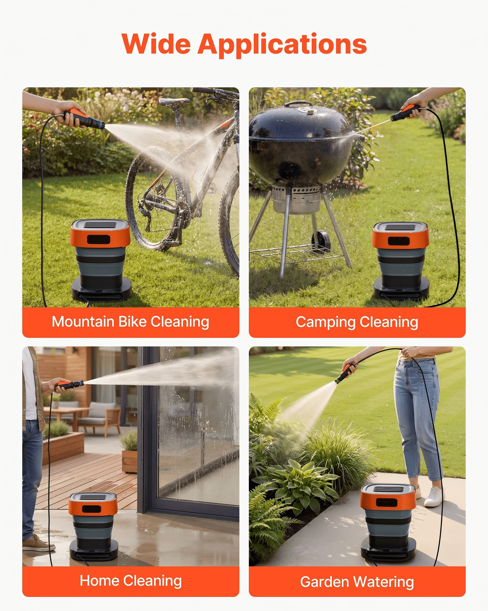 Portable Cordless Pressure Washer with 2.64 Gal Tank, Foldable Power Washer 109 Max PSI 0.79 Max GPM, 3 Nozzles,Flexible 78.7 in Hose, Type-C Charging, for Bike Cleaning, Patio, Camping, Garden