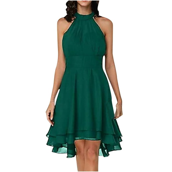 Fesfesfes Women Party Dress Mini Summer Dress Fashion Halter Neck Sleeveless Dress Chiffon Double Layer Ruffles Dress Gifts for Her